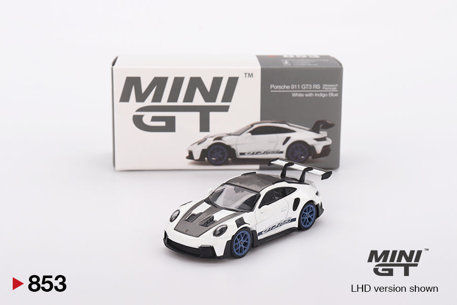 MINI GT #853 1/64 Porsche 911 (992) GT3 RS Weissach Package White with Indigo Blue (RHD)