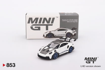 MINI GT #853 1/64 Porsche 911 (992) GT3 RS Weissach Package White with Indigo Blue (RHD)