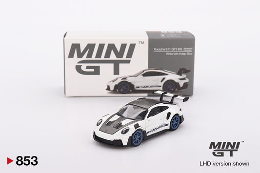 MINI GT #853 1/64 Porsche 911 (992) GT3 RS Weissach Package White with Indigo Blue (RHD)