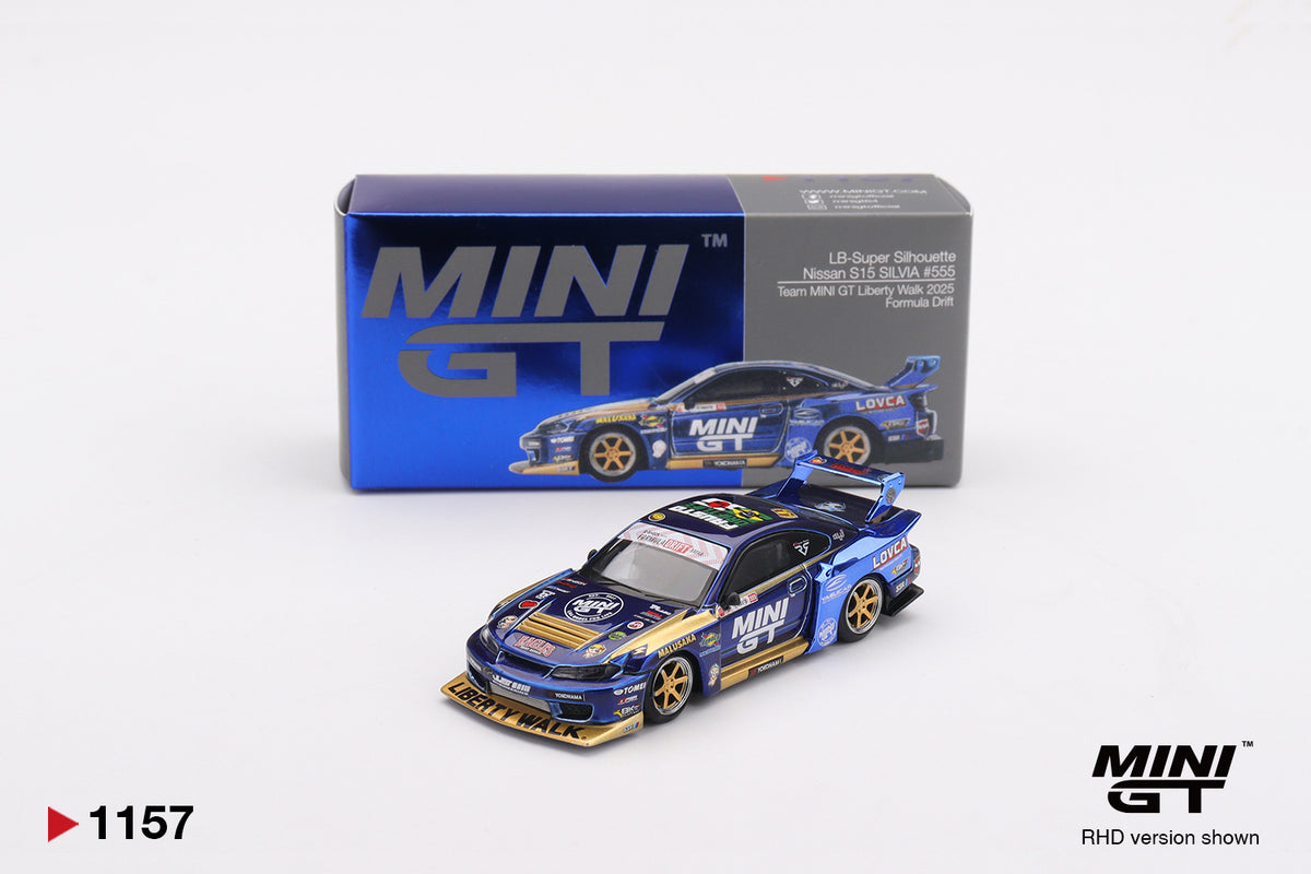 MINI GT #1157 1/64 Nissan Silvia (S15) LB-Super Silhouette #555 Team MINI GT Liberty Walk 2025 Formula Drift (RHD)