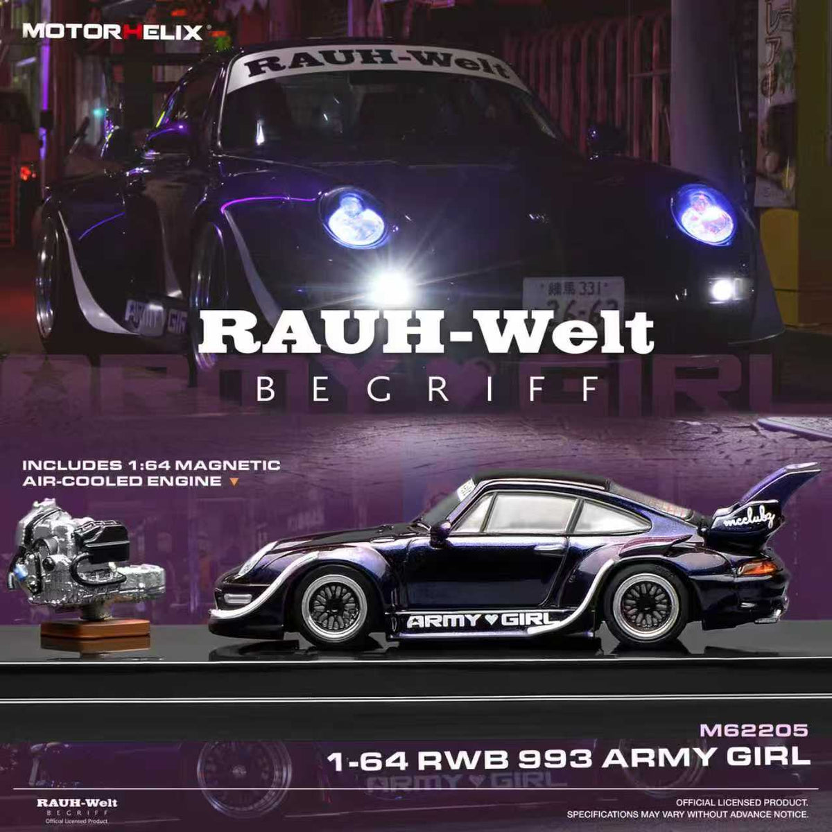 MOTORHELIX 1/64 RWB 993 ARMY GIRL WITH ENGINE M62205