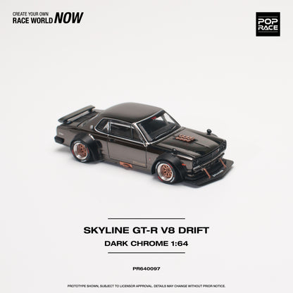 * PRE ORDER * POP RACE 1/64
NISSAN SKYLINE GT-R V8 DRIFT (HAKOSUKA) DARK CHROME PR640097