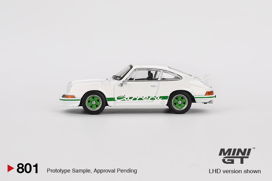 * PRE ORDER * MINI GT #801 1/64 Porsche 911 Carrera RS 2.7 Grand Prix White with Green Livery (RHD)