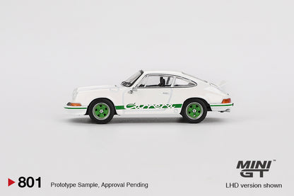 * PRE ORDER * MINI GT #801 1/64 Porsche 911 Carrera RS 2.7 Grand Prix White with Green Livery (RHD)