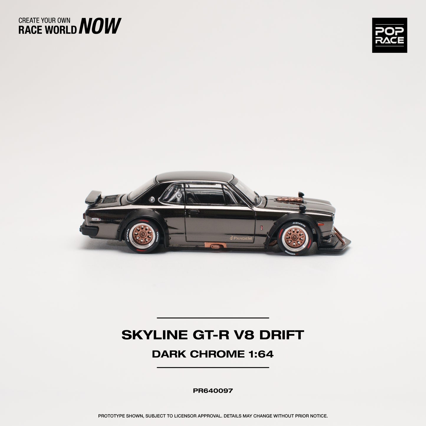 * PRE ORDER * POP RACE 1/64
NISSAN SKYLINE GT-R V8 DRIFT (HAKOSUKA) DARK CHROME PR640097