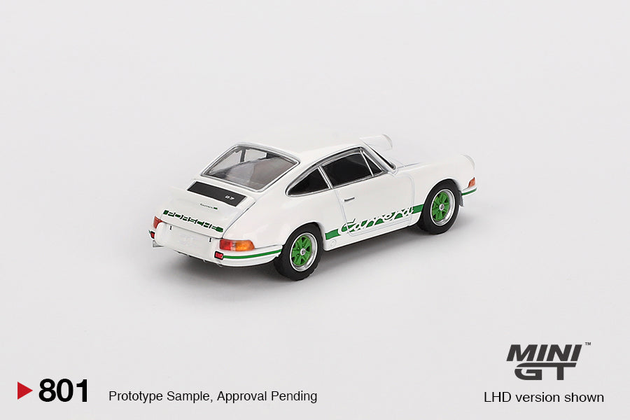 * PRE ORDER * MINI GT #801 1/64 Porsche 911 Carrera RS 2.7 Grand Prix White with Green Livery (RHD)