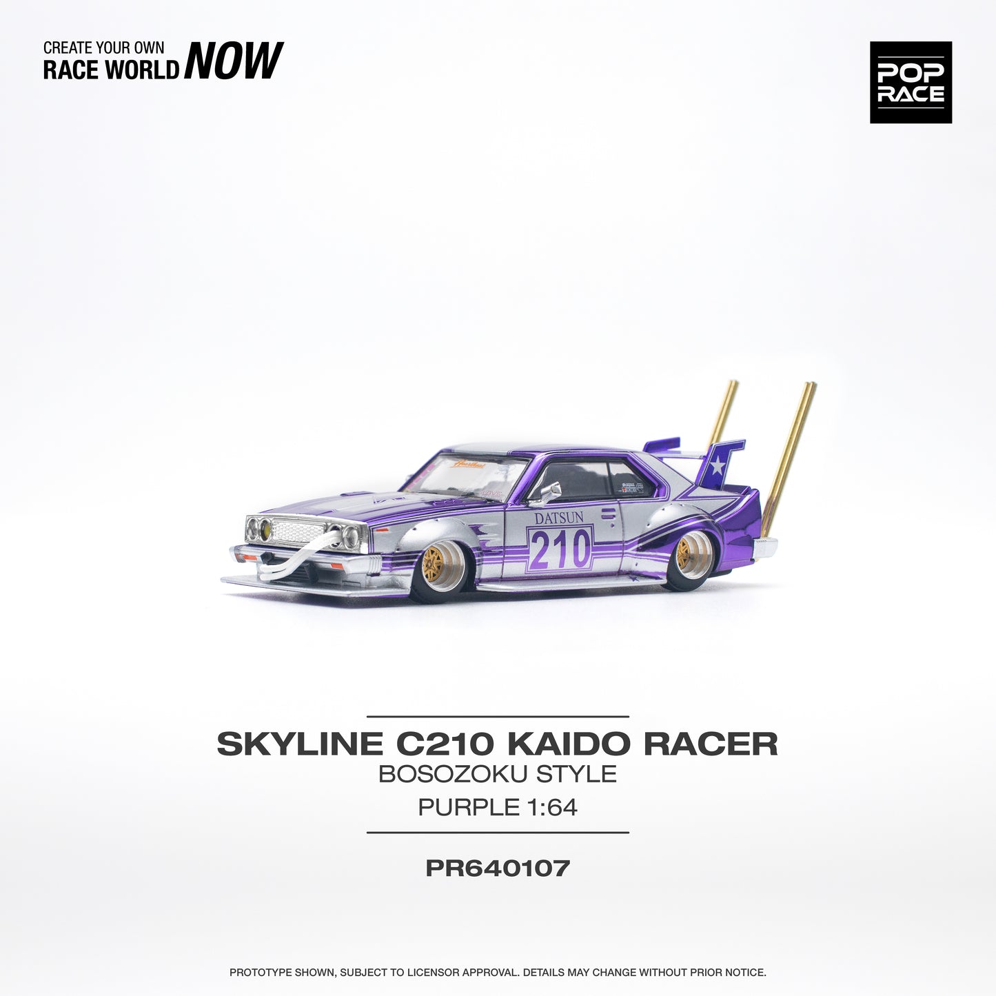 * PRE ORDER * POP RACE 1/64
NISSAN SKYLINE C210 KAIDO RACER (BOSOZOKU STYLE) PURPLE CHROME/SILVER PR640107