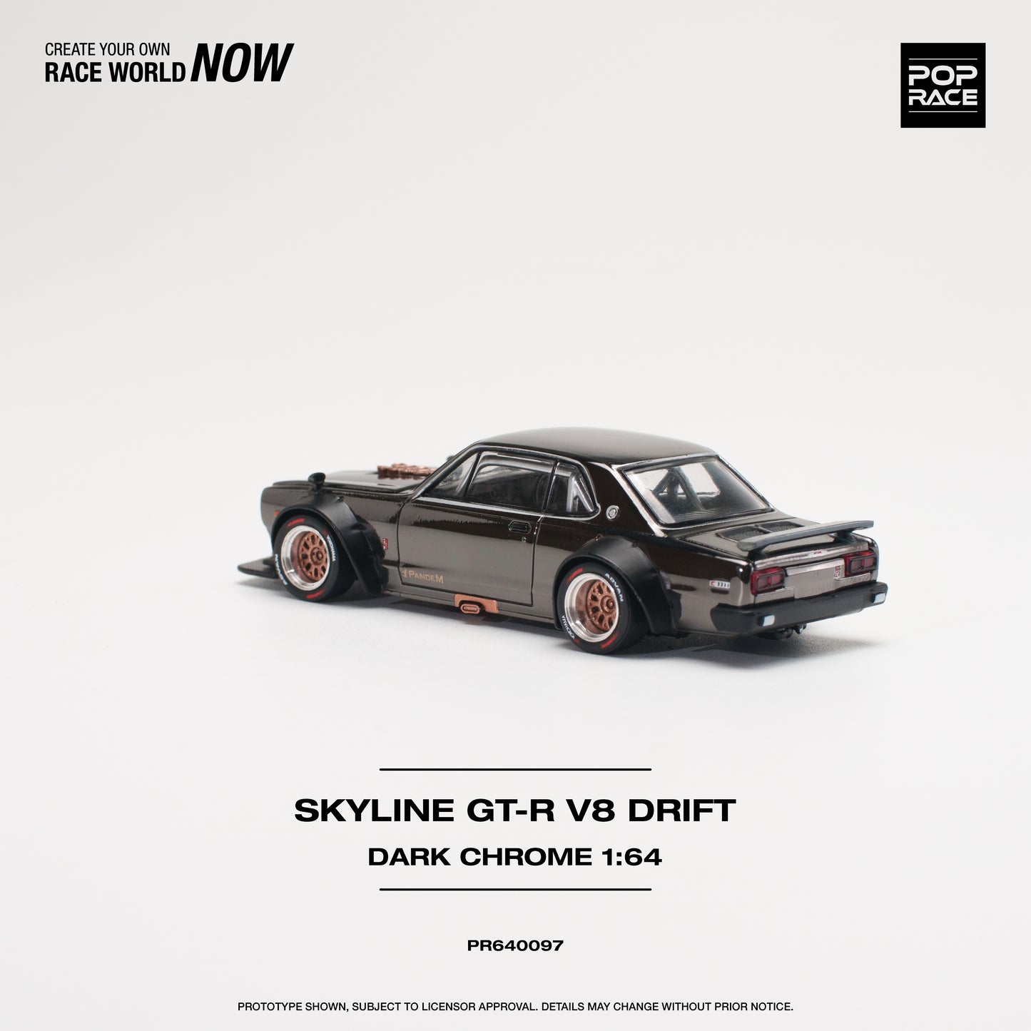 * PRE ORDER * POP RACE 1/64
NISSAN SKYLINE GT-R V8 DRIFT (HAKOSUKA) DARK CHROME PR640097