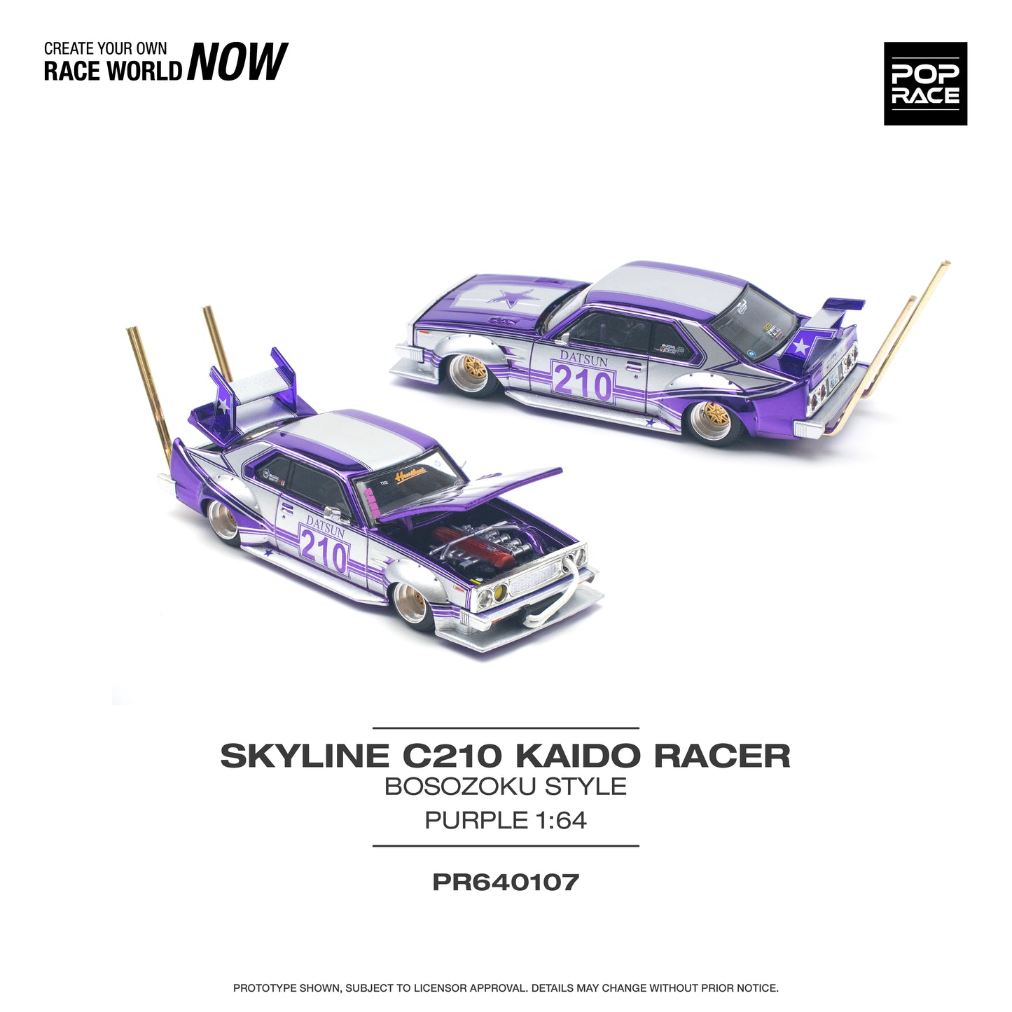 * PRE ORDER * POP RACE 1/64
NISSAN SKYLINE C210 KAIDO RACER (BOSOZOKU STYLE) PURPLE CHROME/SILVER PR640107