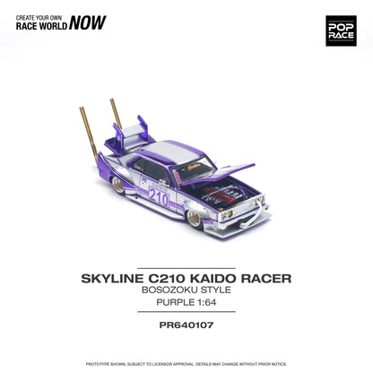 * PRE ORDER * POP RACE 1/64
NISSAN SKYLINE C210 KAIDO RACER (BOSOZOKU STYLE) PURPLE CHROME/SILVER PR640107