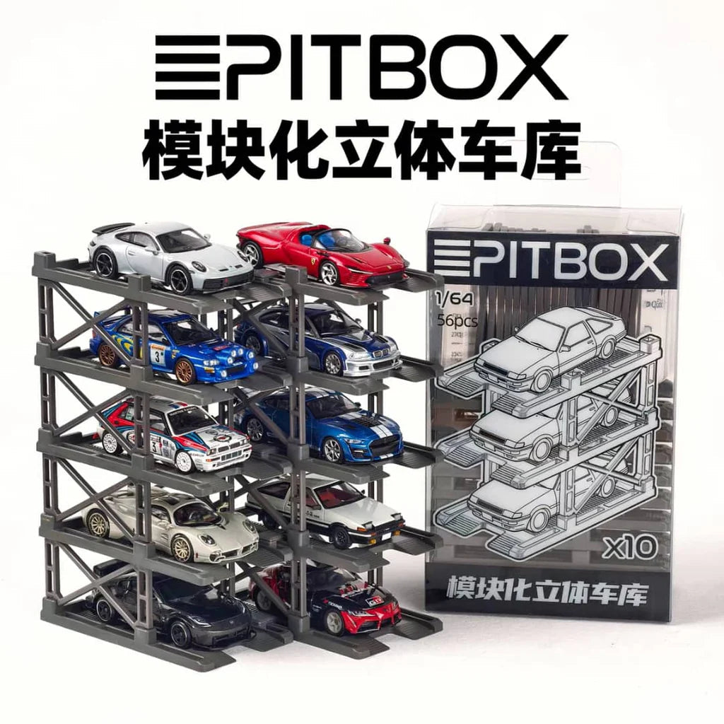 PITBOX 1:64 10-Bay Parking Rack (Grey) with car holder ( Assembled your own )