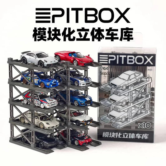 PITBOX 1:64 10-Bay Parking Rack (Grey) with car holder ( Assembled your own )