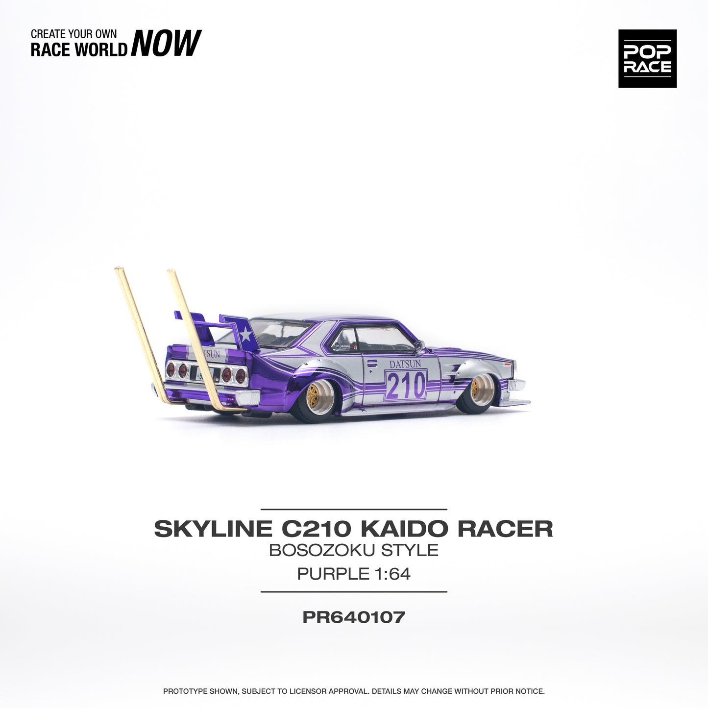 * PRE ORDER * POP RACE 1/64
NISSAN SKYLINE C210 KAIDO RACER (BOSOZOKU STYLE) PURPLE CHROME/SILVER PR640107