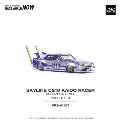 * PRE ORDER * POP RACE 1/64
NISSAN SKYLINE C210 KAIDO RACER (BOSOZOKU STYLE) PURPLE CHROME/SILVER PR640107