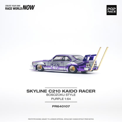 * PRE ORDER * POP RACE 1/64
NISSAN SKYLINE C210 KAIDO RACER (BOSOZOKU STYLE) PURPLE CHROME/SILVER PR640107