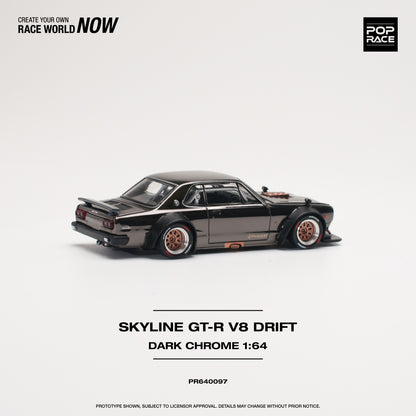 * PRE ORDER * POP RACE 1/64
NISSAN SKYLINE GT-R V8 DRIFT (HAKOSUKA) DARK CHROME PR640097