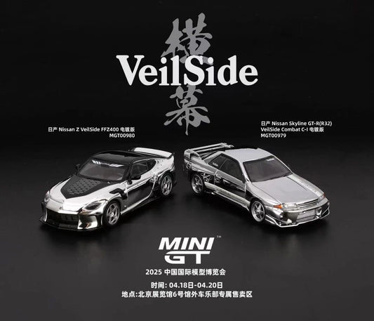 MINI GT 1/64 #979 Nissan Skyline GT-R (R32) VeilSide Combat C & #980 Nissan Z VeilSide FFZ400 Chrome