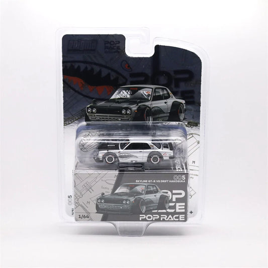 Pop Race x Enigma 1:64 Diecast ModelSkyline GT-R KPGC10 Hakosuka, V8 Drift Modified.Open-Hood, Visible EngineSilver Shark(PRE005)Blister Card Version