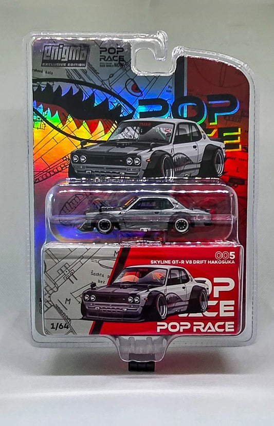 Pop Race x Enigma 1:64 Nissan Skyline GT-R KPGC10 Hakosuka, V8 Drift Modified Silver Shark PRE005 * CHASE *