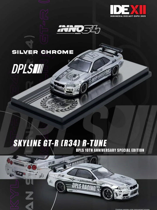 INNO 64 DPLS 10th ANNIV NISSAN SKYLINE GT-R R34 R-TUNE SILVER CHROME IDE 2025