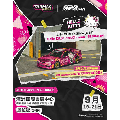 TARMAC WORKS 1/64 VERTEX SILVIA S14 HELLO KITTY CHROME PINK APA XPO 2025 EXCLUSIVE