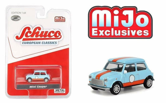 Schuco 1:64 MiJo Exclusives - European Classics - Mini Cooper (Light blue with orange stripes) - Limited to 2400 pieces