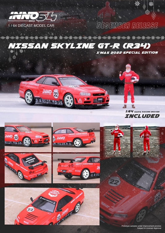 INNO 64 NISSAN SKYLINE GT-R R34 "X'MAS 22" Special Edition  With Santa Claus Figure included
