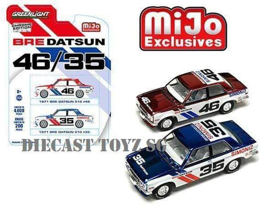 GREENLIGHT DATSUN BRE BLUEBIRD 510 CHROME ( BLUE & RED ) 2 CAR PACK MiJo Exclusives Limited