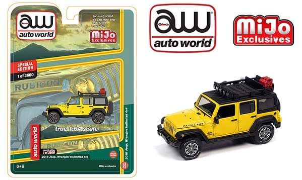 Auto World 1:64 Mijo Exclusive Custom 2018 Jeep Wrangler Rubicon Unlimited Yellow Roof Rack 3600