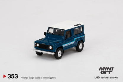 Mini GT #353 1:64  Land Rover Defender 90 County Wagon Stratos Blue - RHD