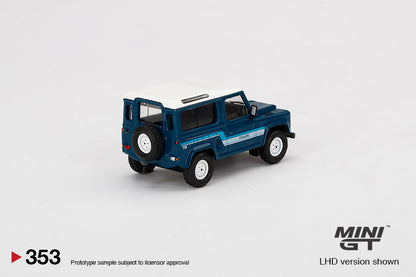 Mini GT #353 1:64  Land Rover Defender 90 County Wagon Stratos Blue - RHD
