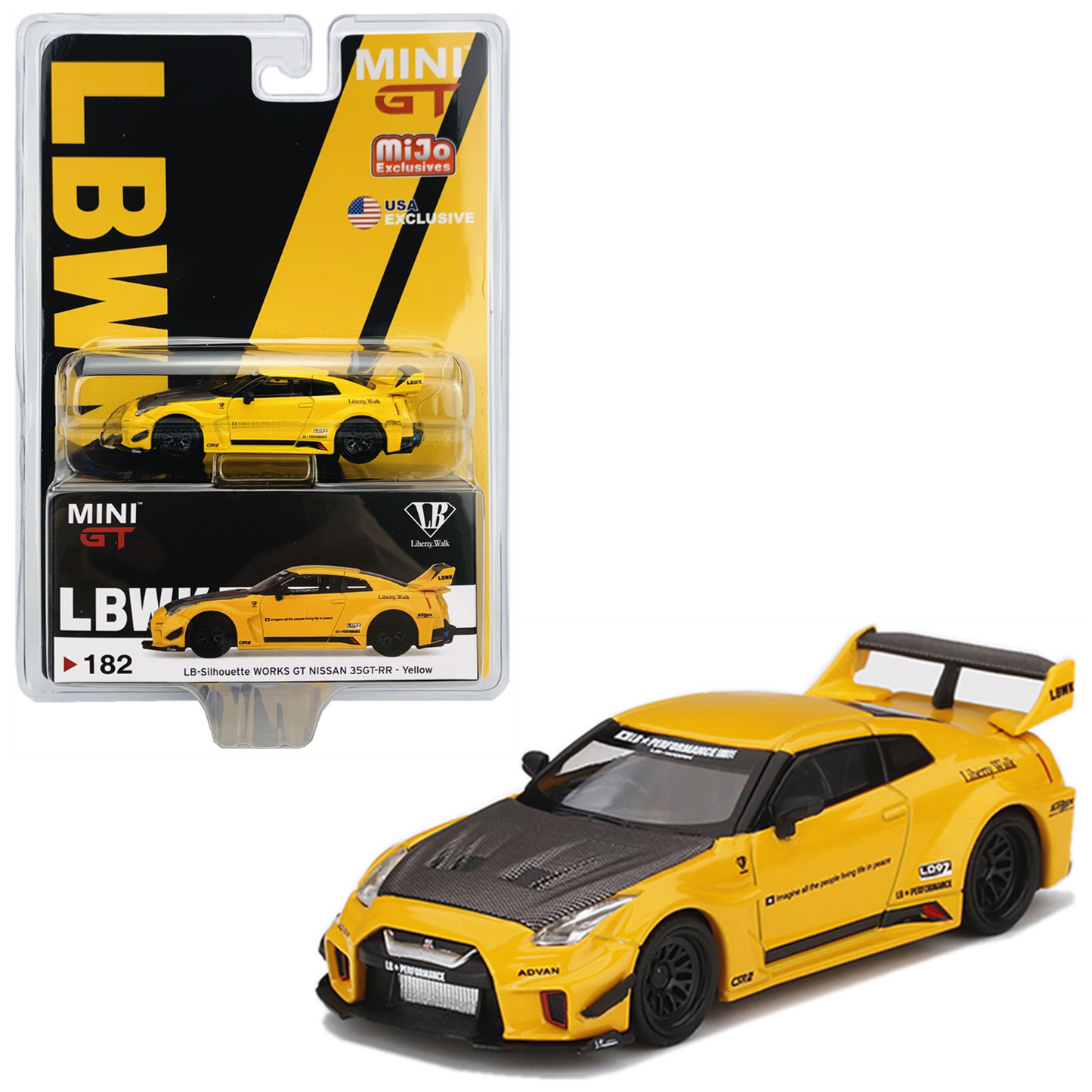 MINI GT 1/64 #182 LB-Silhouette WORKS GT NISSAN 35GT-RR Ver.1 Yellow -  MIJO BLISTER VERSION